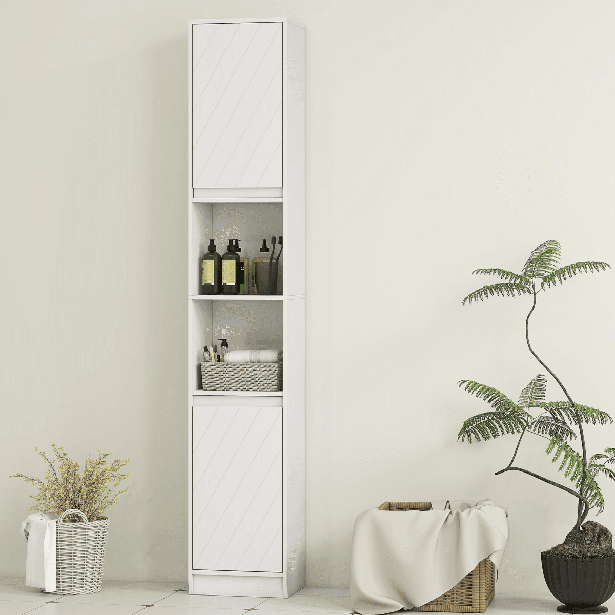 image-Homcom Narrow Bathroom Storage Cabinet - White 170cm Tall