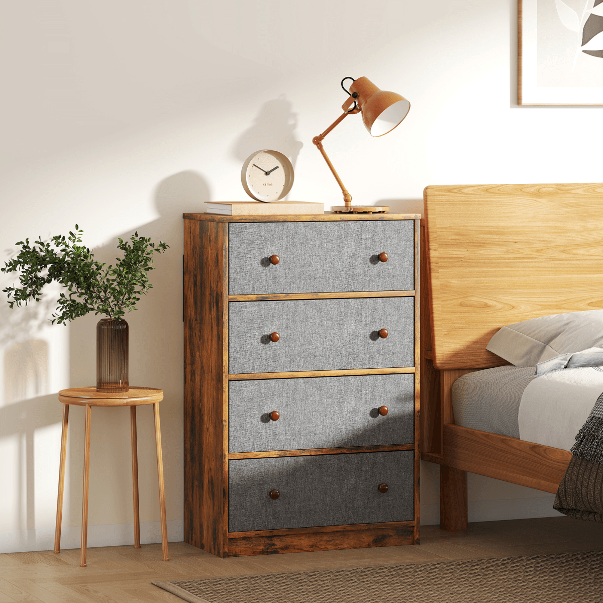 image-Homcom 4 Drawer Fabric Dresser - Grey and Rustic Brown