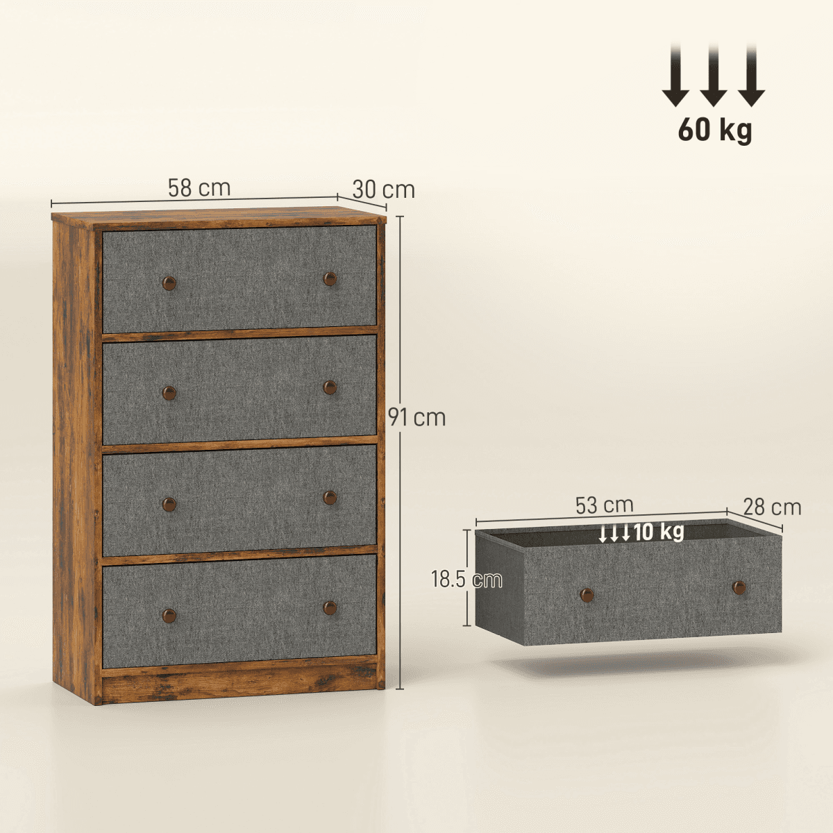 image-Homcom 4 Drawer Fabric Dresser - Grey and Rustic Brown