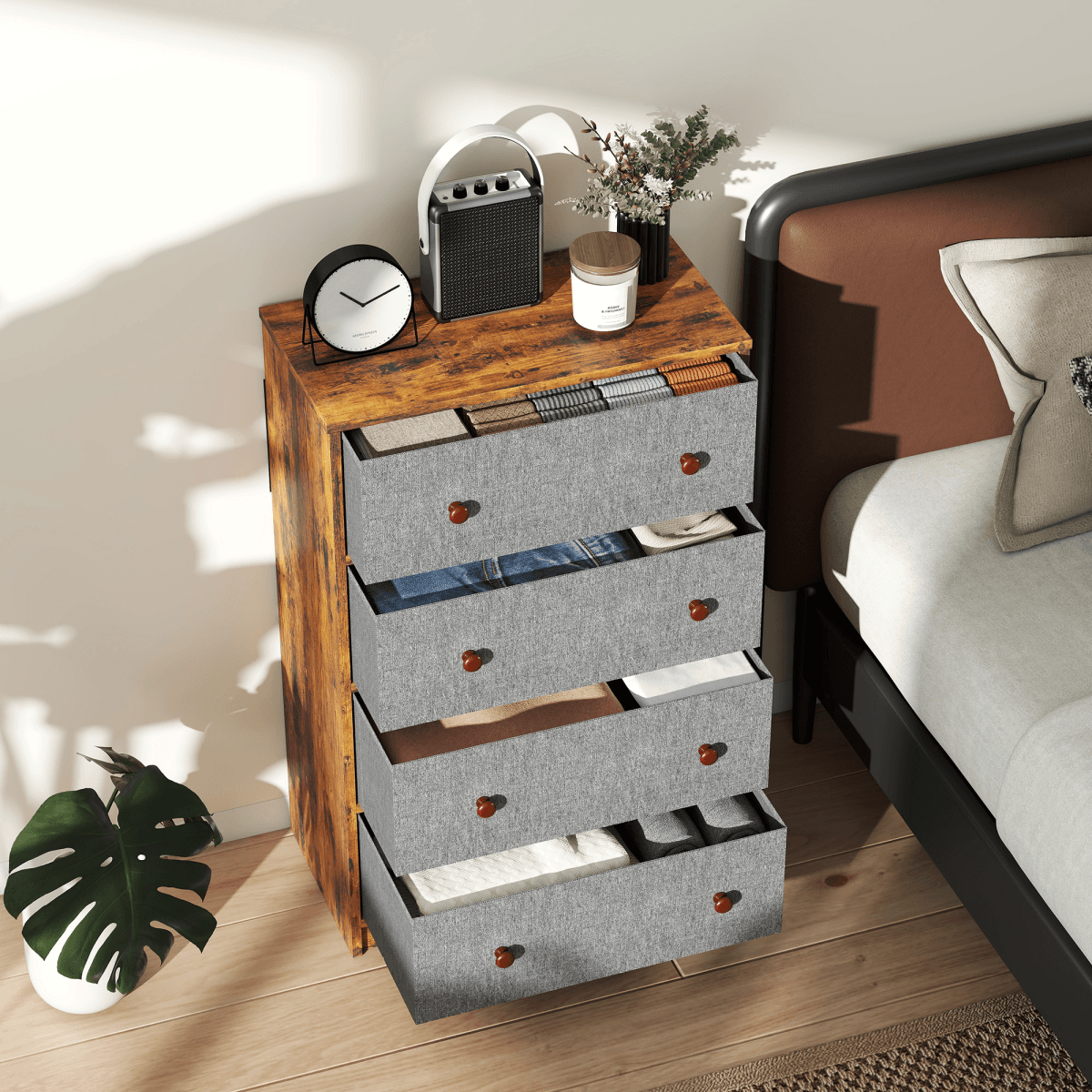 image-Homcom 4 Drawer Fabric Dresser - Grey and Rustic Brown