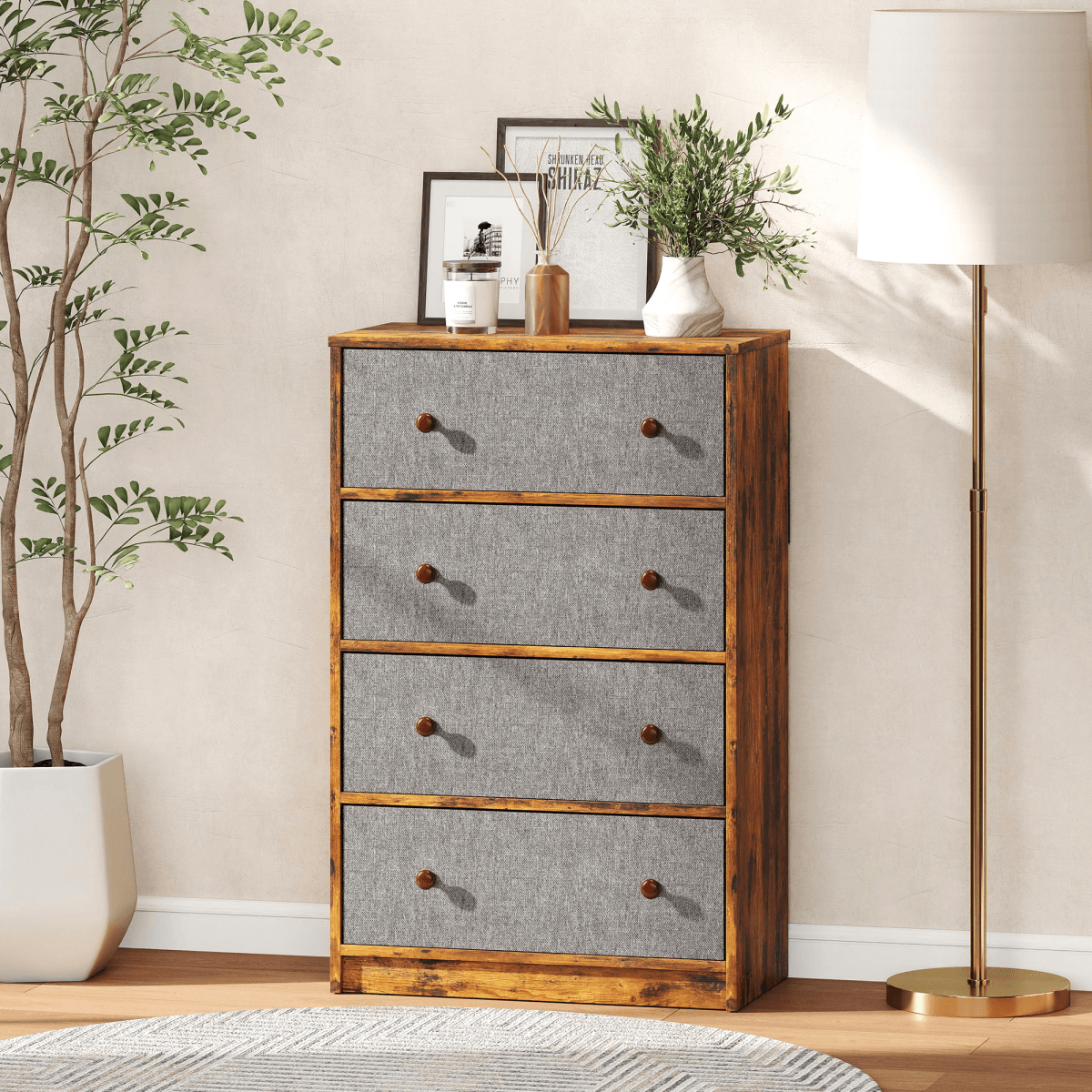 image-Homcom 4 Drawer Fabric Dresser - Grey and Rustic Brown