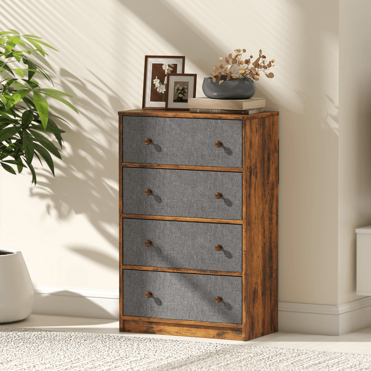 image-Homcom 4 Drawer Fabric Dresser - Grey and Rustic Brown