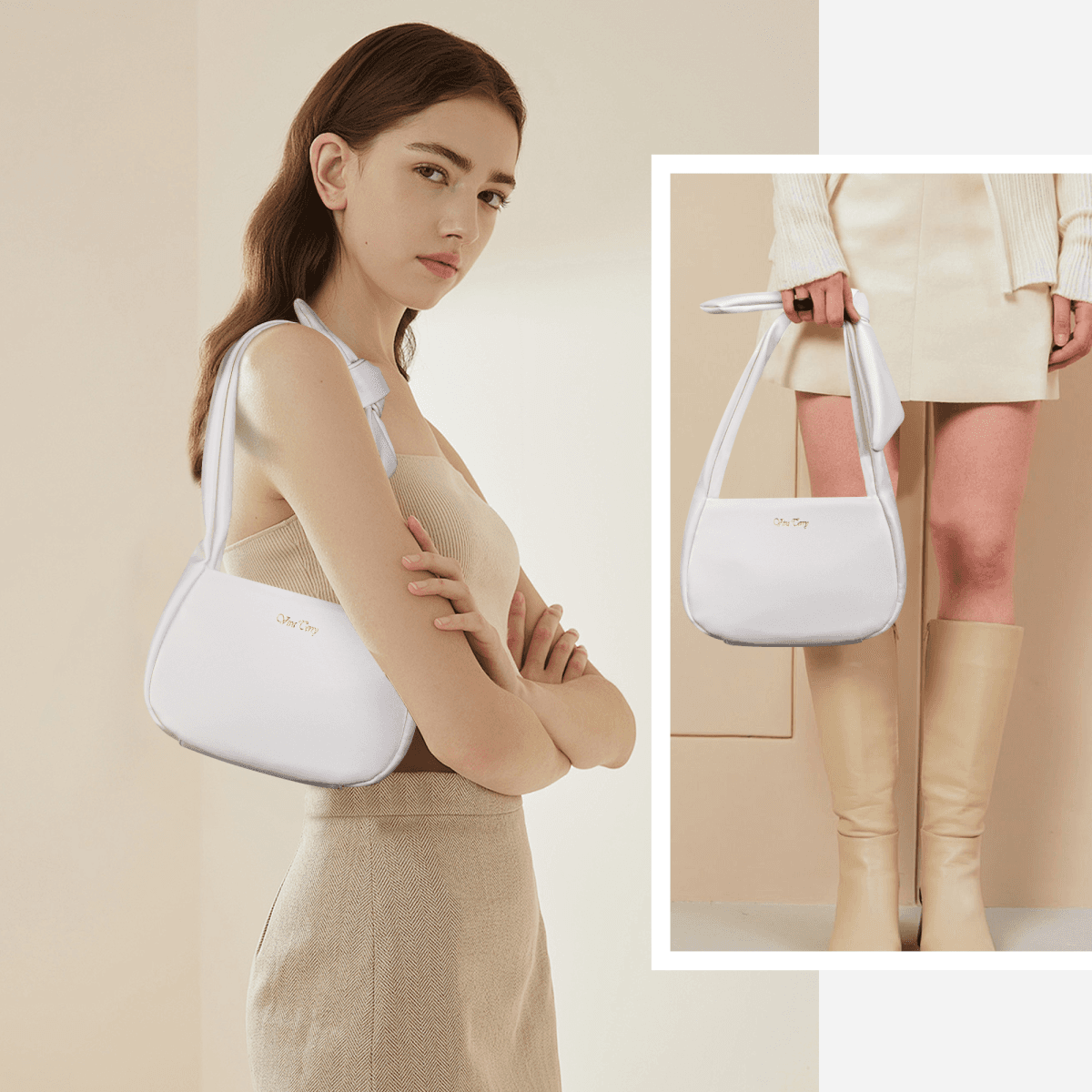 image-Women's Vegan Leather Hobo Handbag, Small Shoulder Purse with Zipper - White
