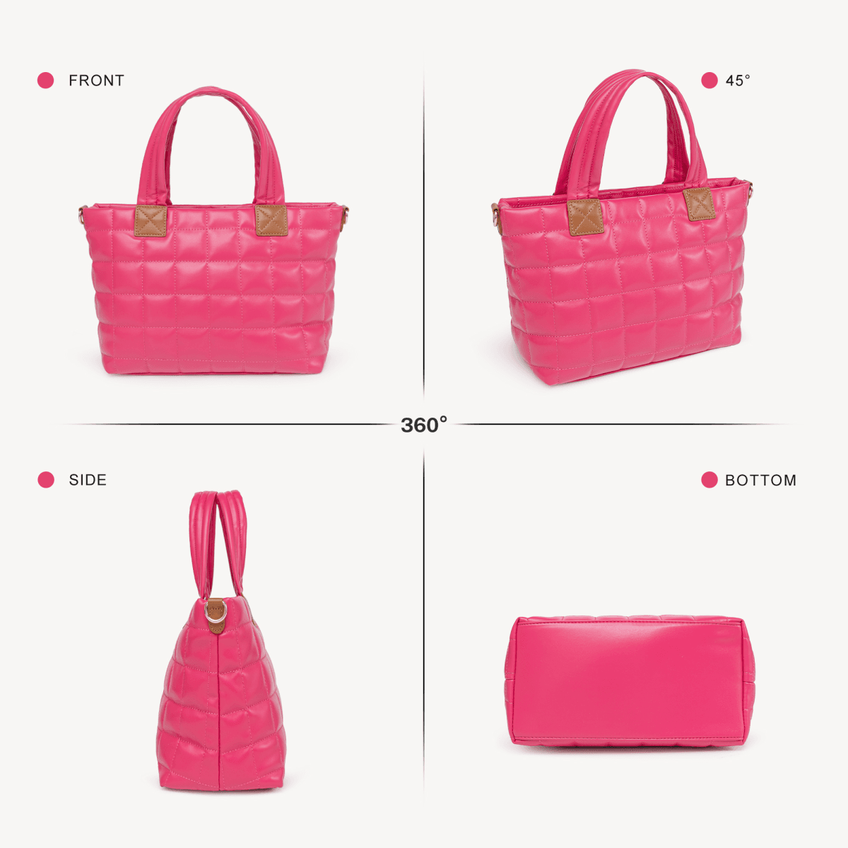 image-Puffer Tote Bag for Women - Quilted Crossbody Hobo Handbag, Rose, Lightweight