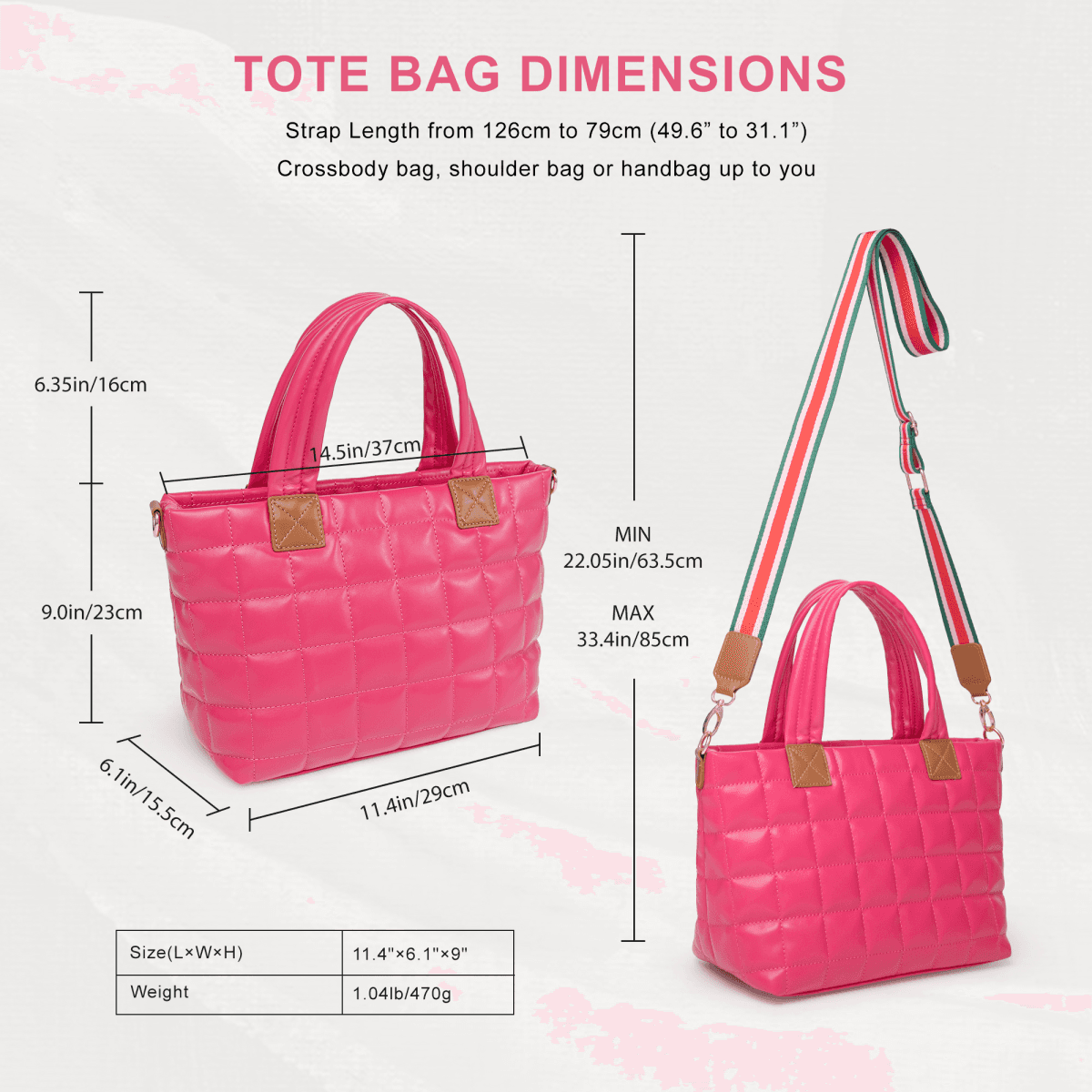 image-Puffer Tote Bag for Women - Quilted Crossbody Hobo Handbag, Rose, Lightweight