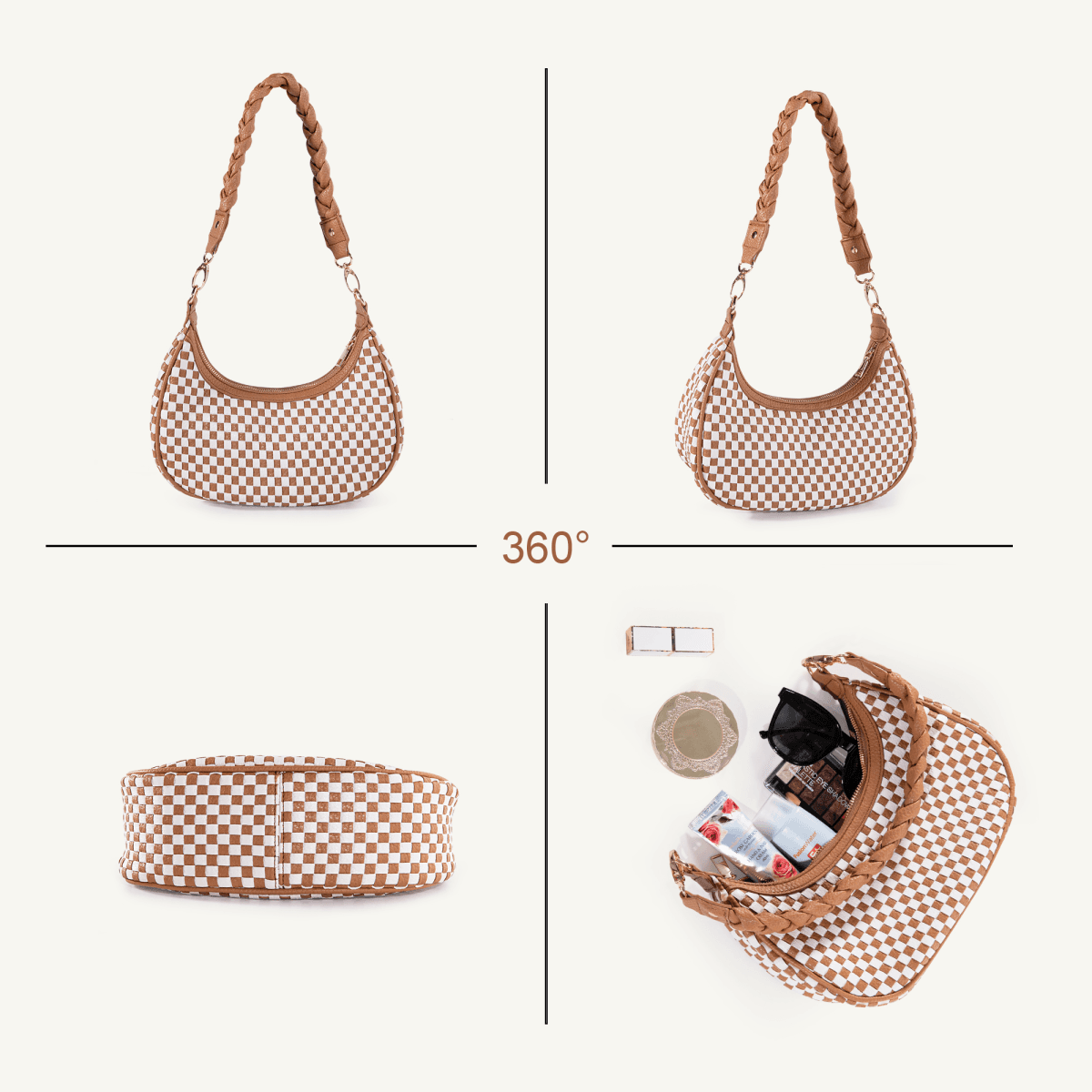 image-Women Woven Hobo Bag - Brown Vegan Leather Tote