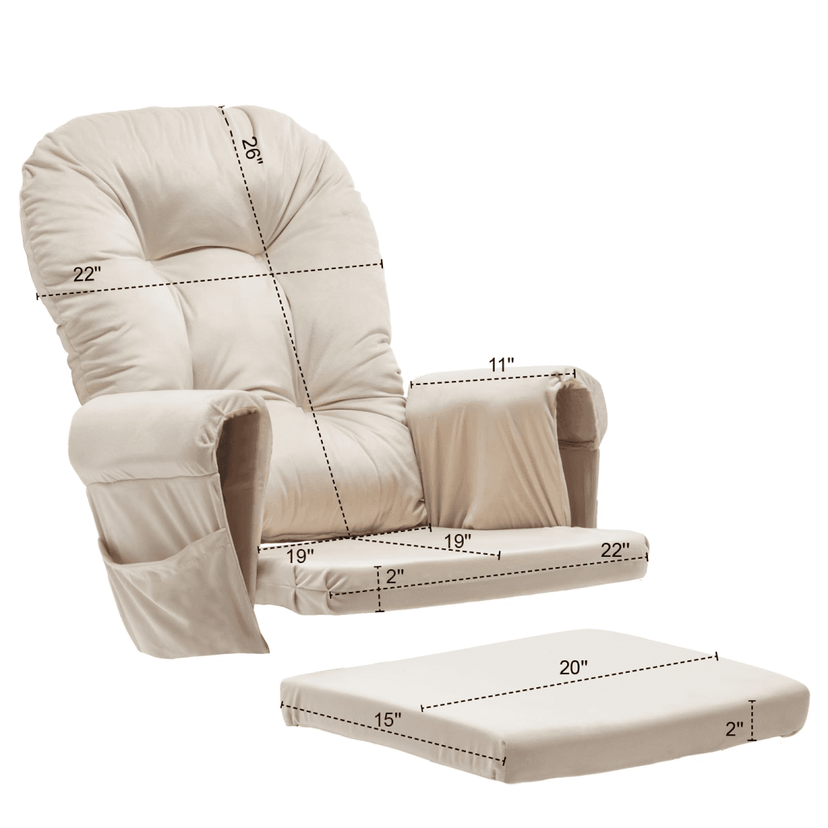 image-Glider Rocker Cushions Set, 5PCS Velvet, Washable, Nonslip, Storage Pockets, Beige