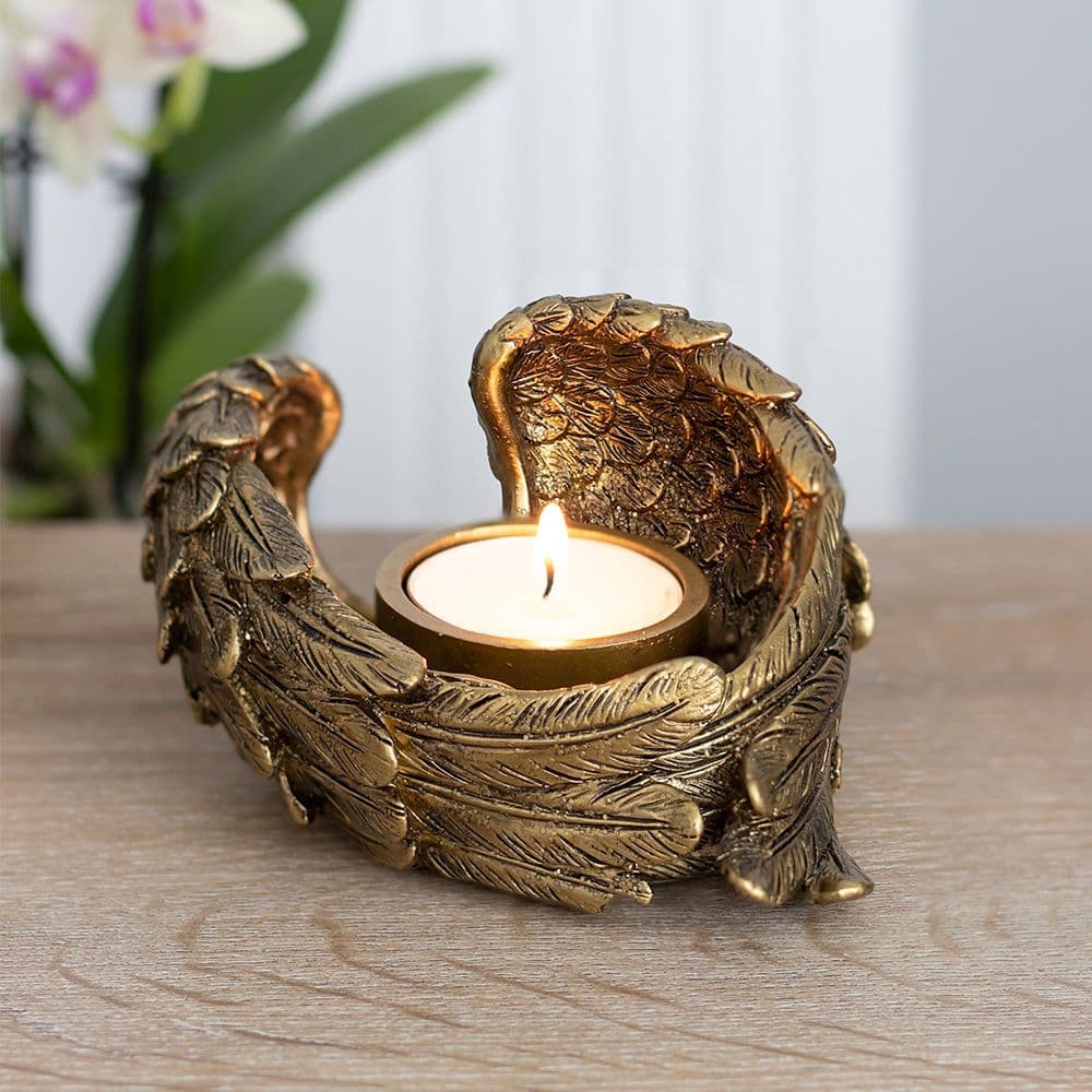 image-Antique Gold Angel Wing Tealight Candle Holder