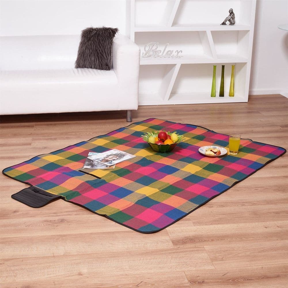 image-PACK OF 2 170x130cm Multicoloured Waterproof Folding Picnic Blanket with Sandproof Backing & Carry Handle