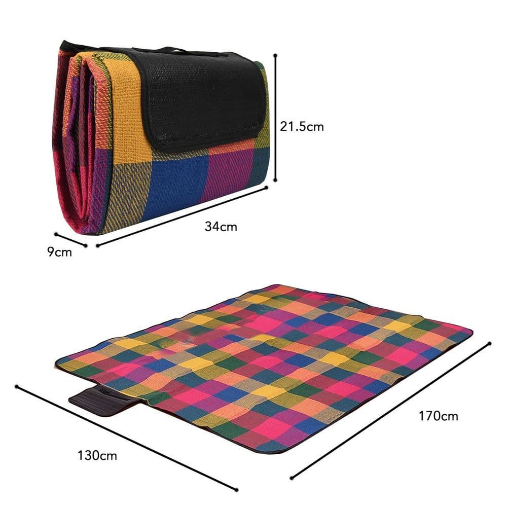 image-PACK OF 2 170x130cm Multicoloured Waterproof Folding Picnic Blanket with Sandproof Backing & Carry Handle