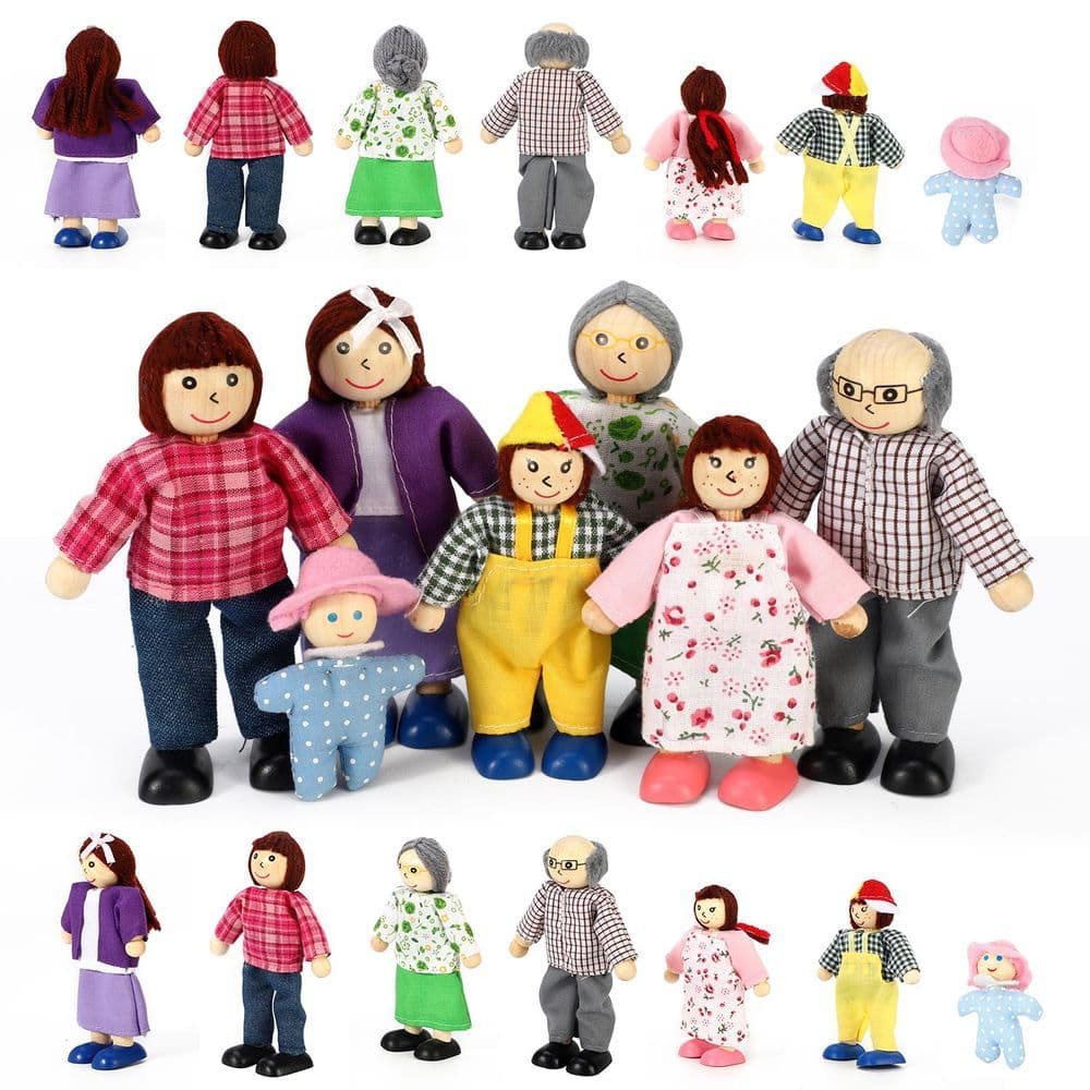 image-SOKA 7 Pcs Wooden Happy Family Dolls Pretend Role Play Dollhouse Toy Set 3+