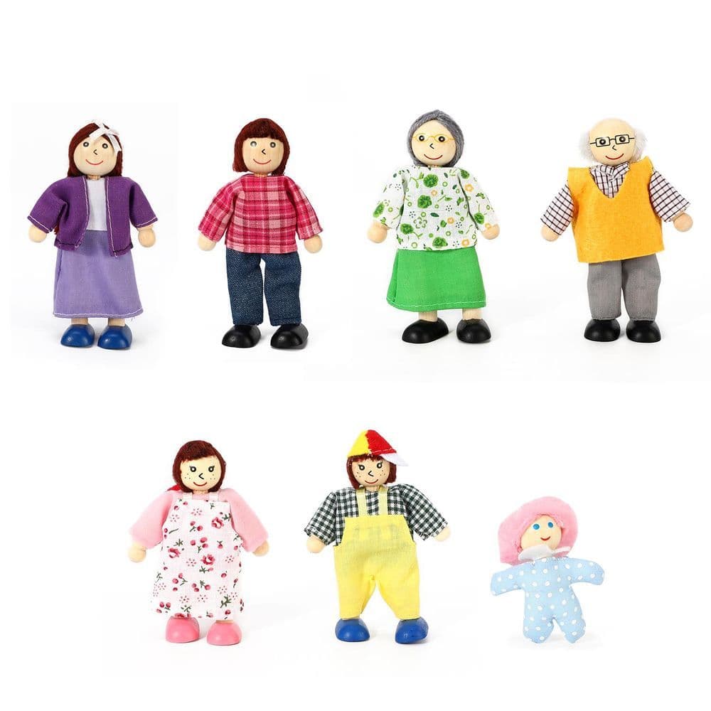 image-SOKA 7 Pcs Wooden Happy Family Dolls Pretend Role Play Dollhouse Toy Set 3+