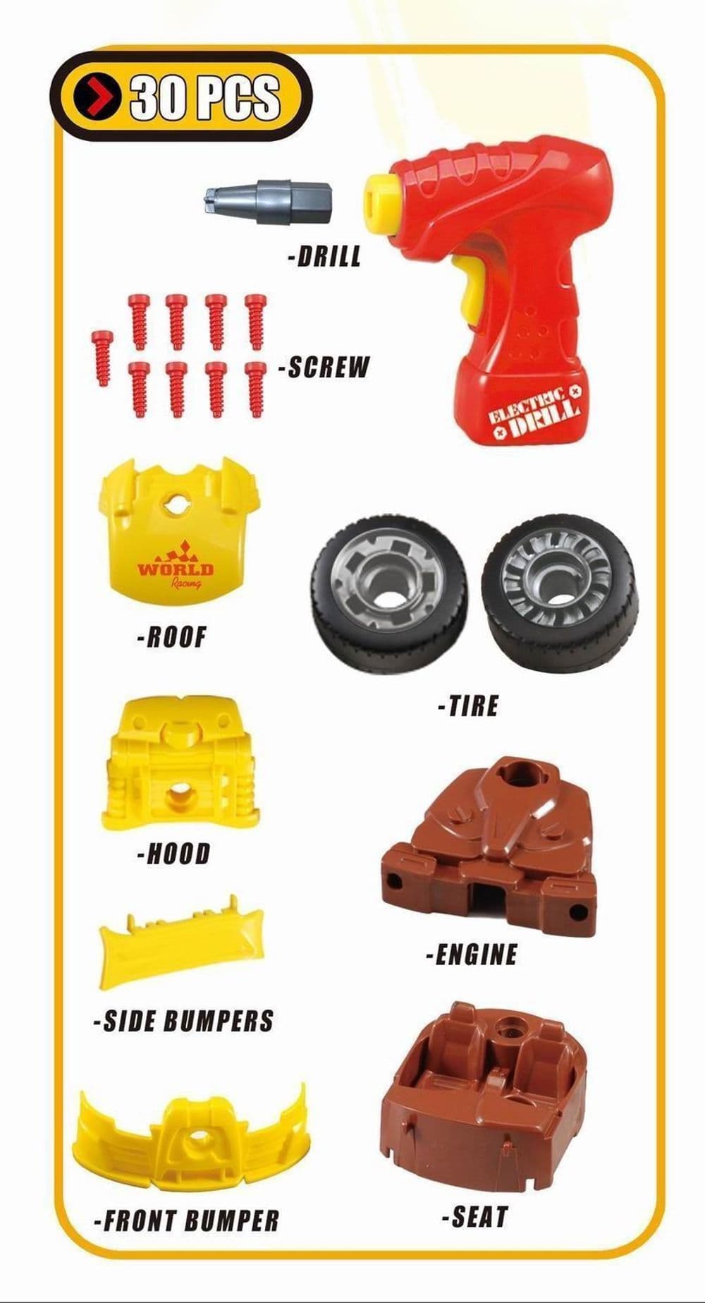 image-SOKA 30 PC Racing Car Take-A-Part Toy for Kids with Tool Drill Light & Sound