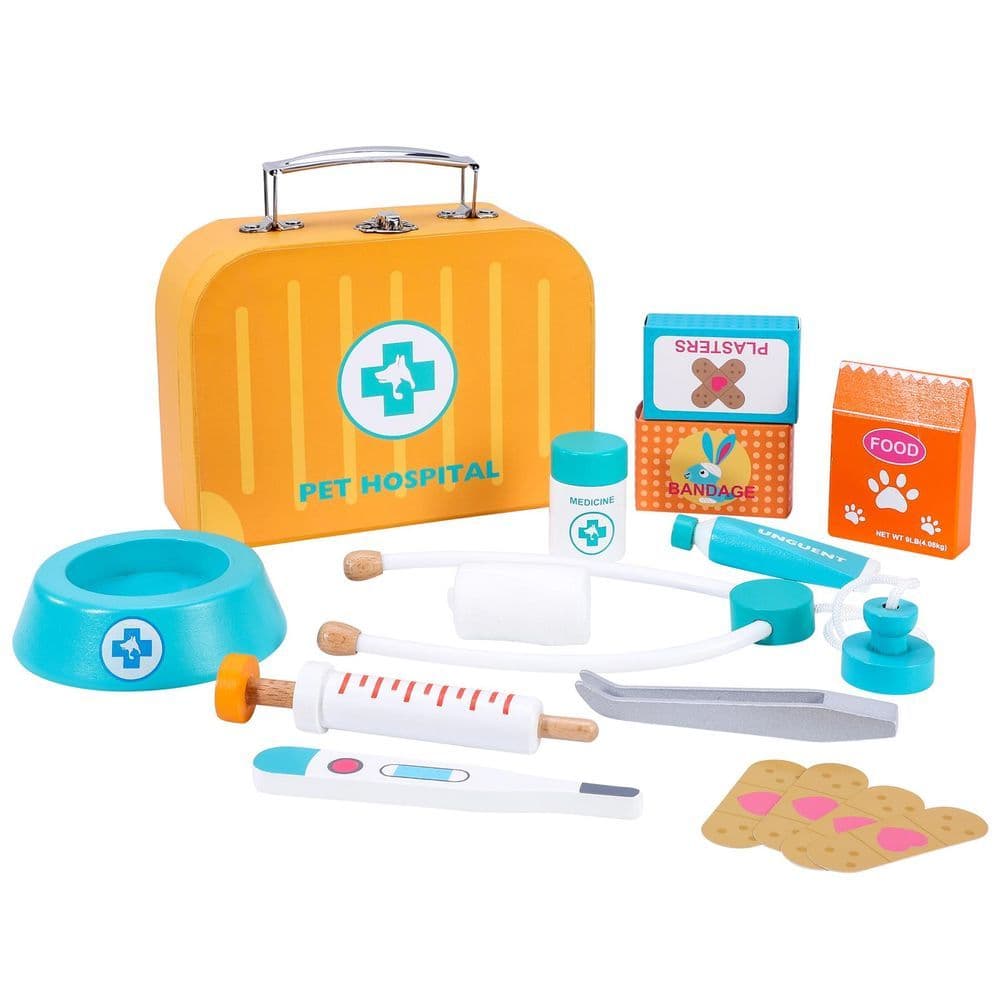 image-SOKA Wooden Pet Hospital Pretend Playset Vet Doctor Toy Kit Carry Case Kids 3+