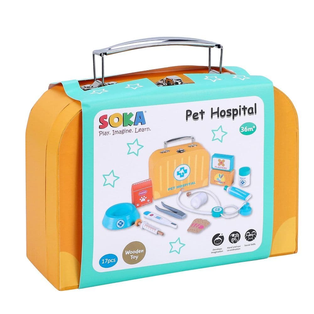 image-SOKA Wooden Pet Hospital Pretend Playset Vet Doctor Toy Kit Carry Case Kids 3+