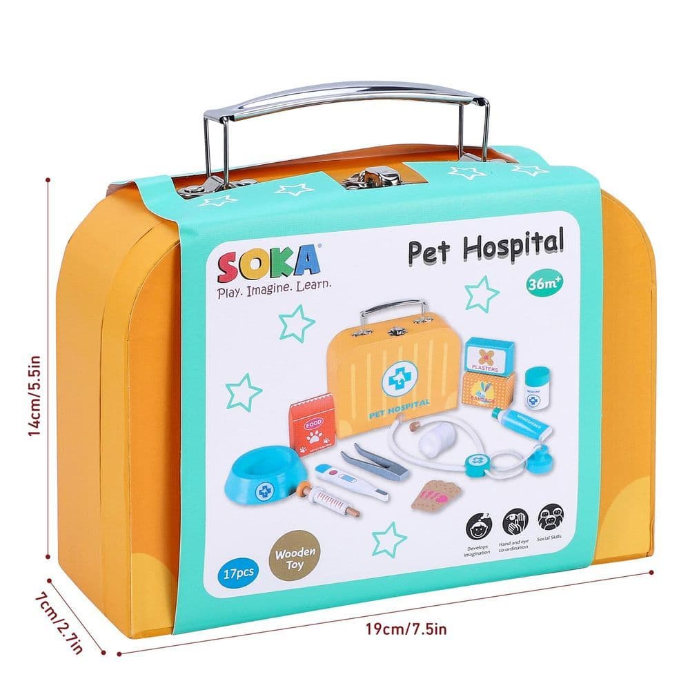 image-SOKA Wooden Pet Hospital Pretend Playset Vet Doctor Toy Kit Carry Case Kids 3+