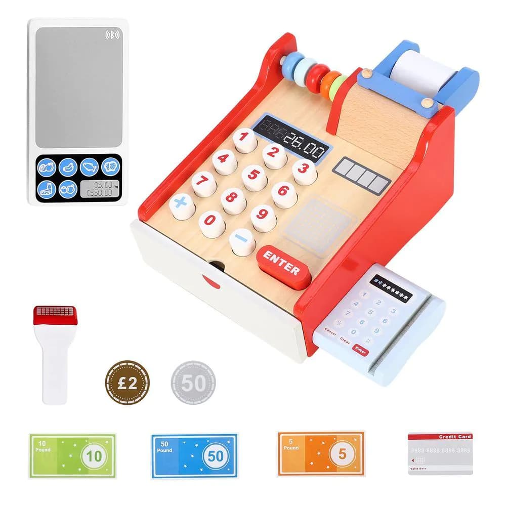 image-SOKA Wooden Cash Register Children’s Shop Grocery Checkout Till Toy