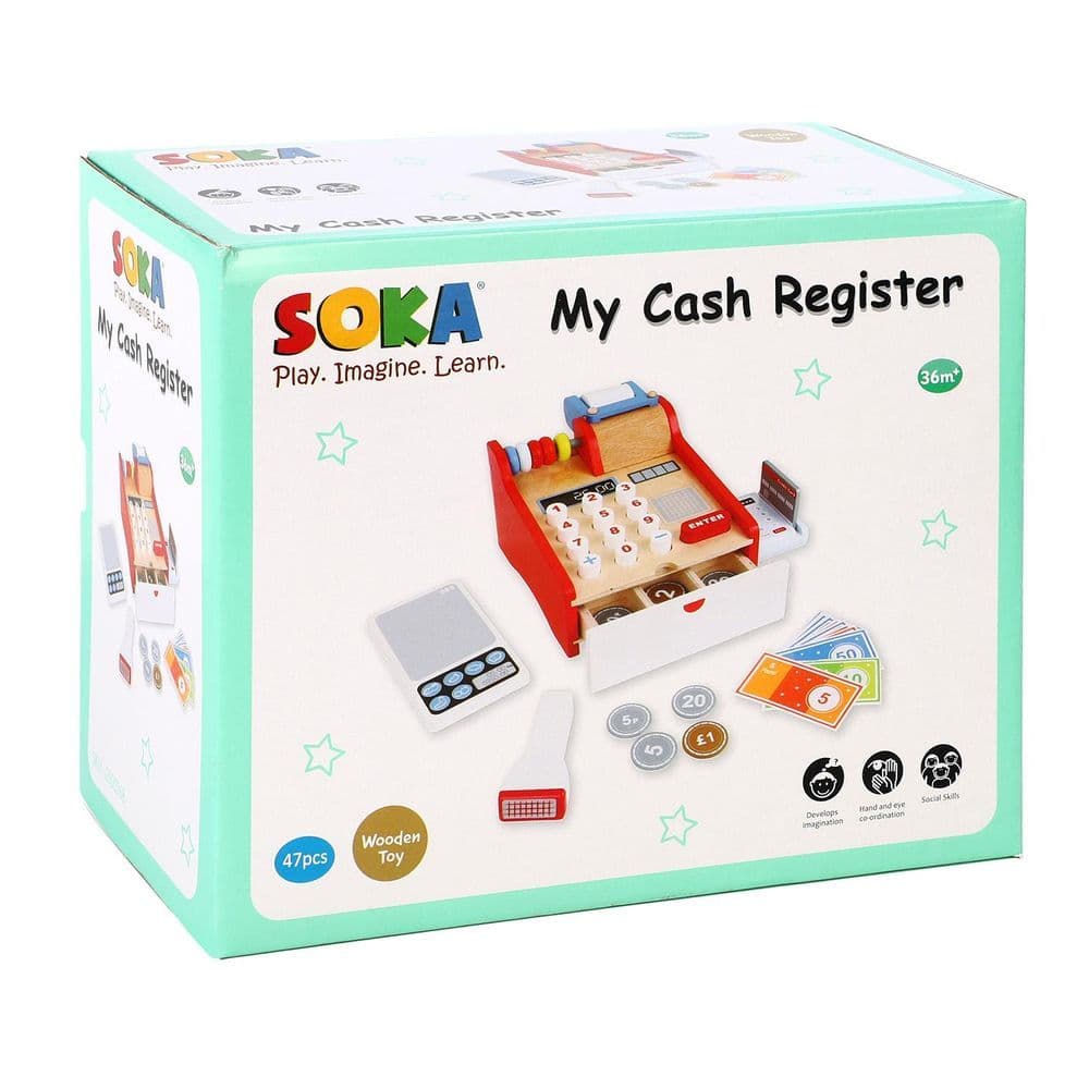 image-SOKA Wooden Cash Register Children’s Shop Grocery Checkout Till Toy