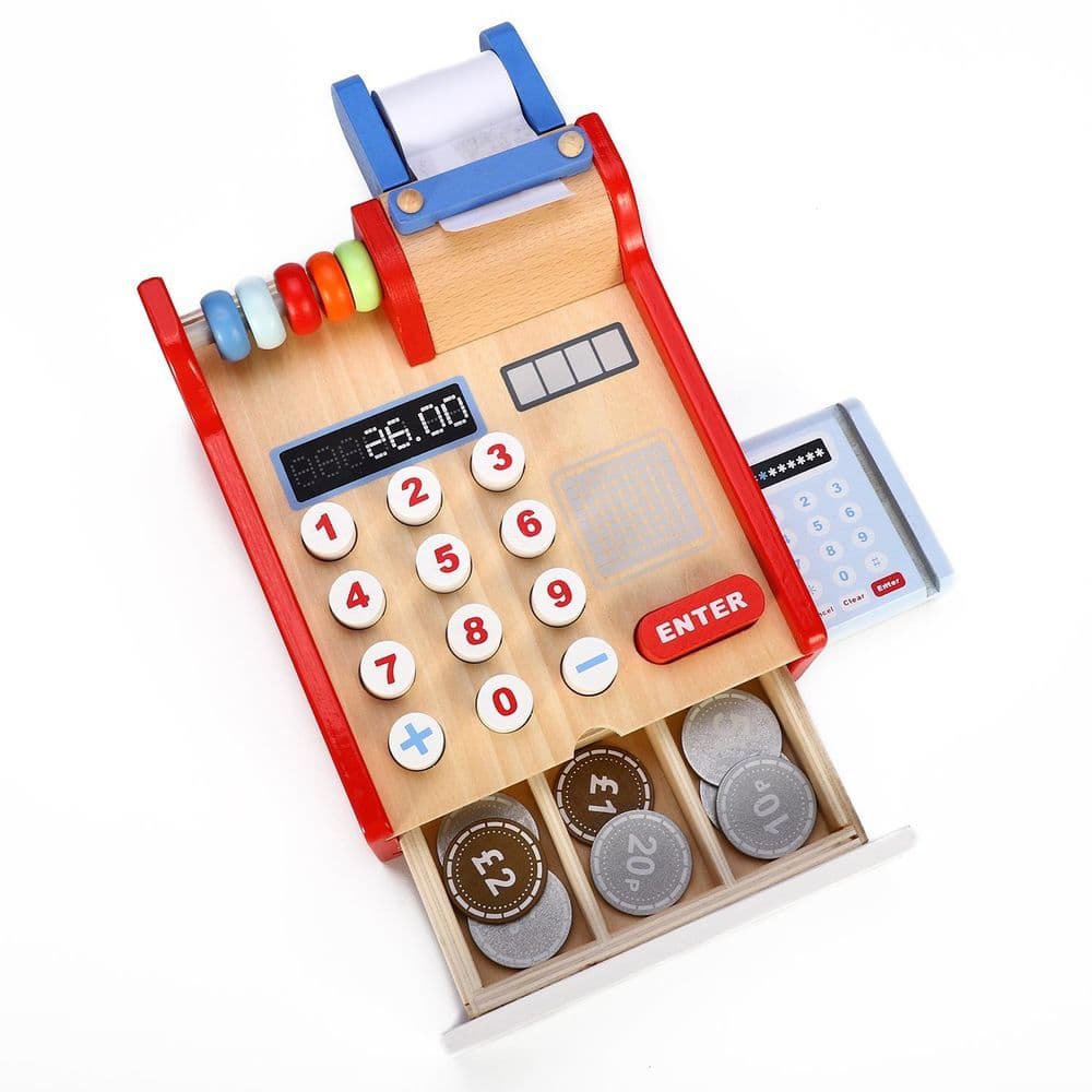 image-SOKA Wooden Cash Register Children’s Shop Grocery Checkout Till Toy