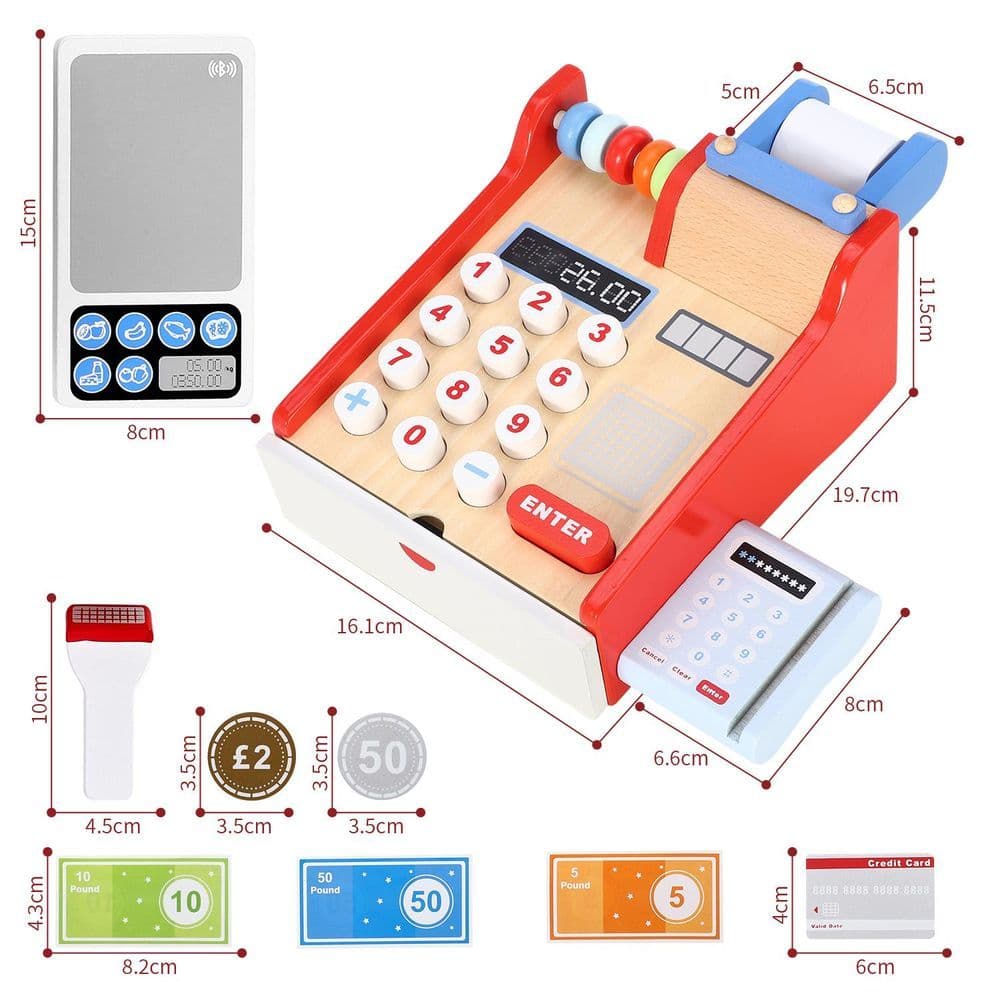 image-SOKA Wooden Cash Register Children’s Shop Grocery Checkout Till Toy