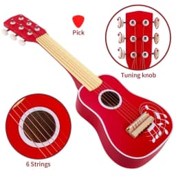 image-SOKA Wooden Red Guitar Musical Instrument Pretend Play Music Toy for Kids 3+