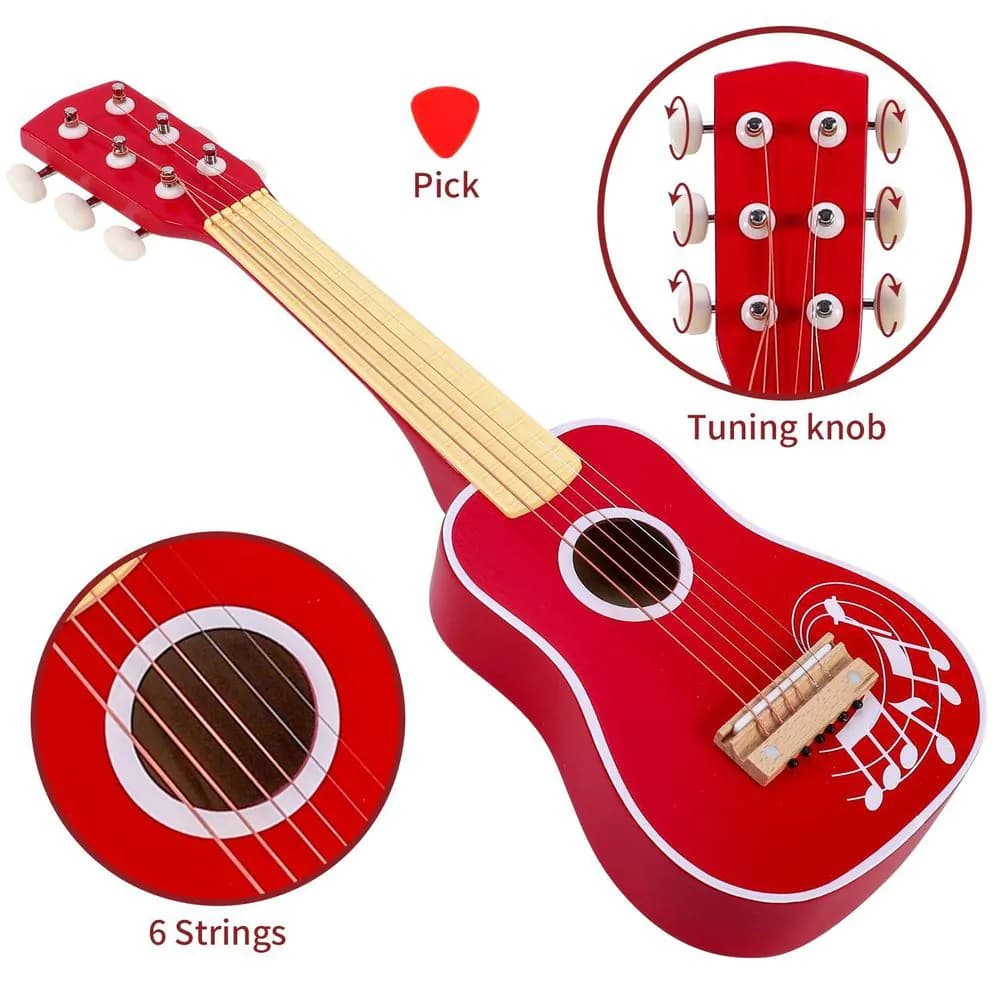 image-SOKA Wooden Red Guitar Musical Instrument Pretend Play Music Toy for Kids 3+