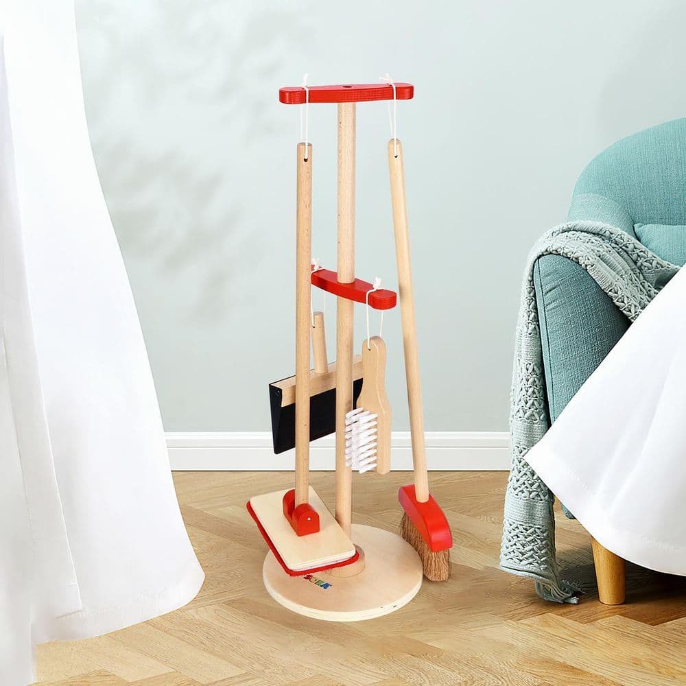 image-Lelin 11PC Toy Cleaning Kit with Broom Mop Dustpan Brush & Stand For Pretend Play