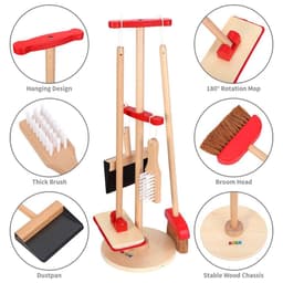 image-Lelin 11PC Toy Cleaning Kit with Broom Mop Dustpan Brush & Stand For Pretend Play