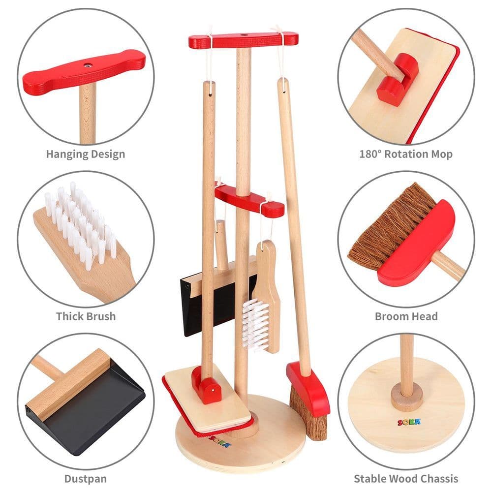 image-Lelin 11PC Toy Cleaning Kit with Broom Mop Dustpan Brush & Stand For Pretend Play