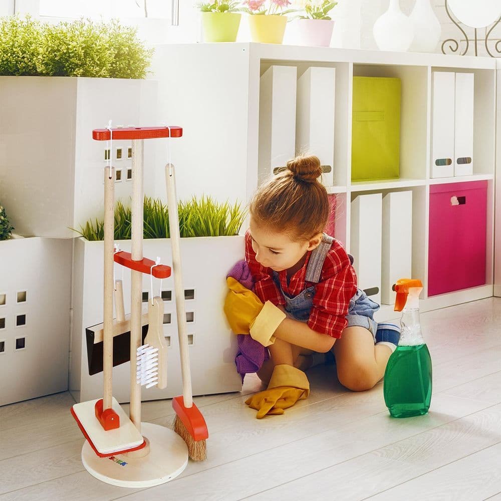 image-Lelin 11PC Toy Cleaning Kit with Broom Mop Dustpan Brush & Stand For Pretend Play
