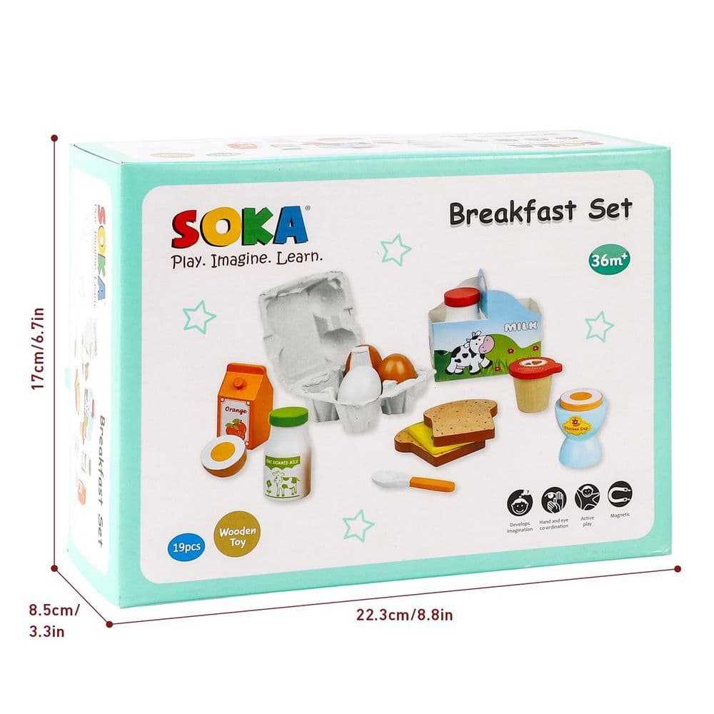 image-SOKA Wooden Breakfast Set 19 PCS Pretend Play Toys Toast Eggs Milk for Kids 3+
