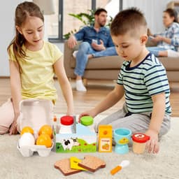 image-SOKA Wooden Breakfast Set 19 PCS Pretend Play Toys Toast Eggs Milk for Kids 3+