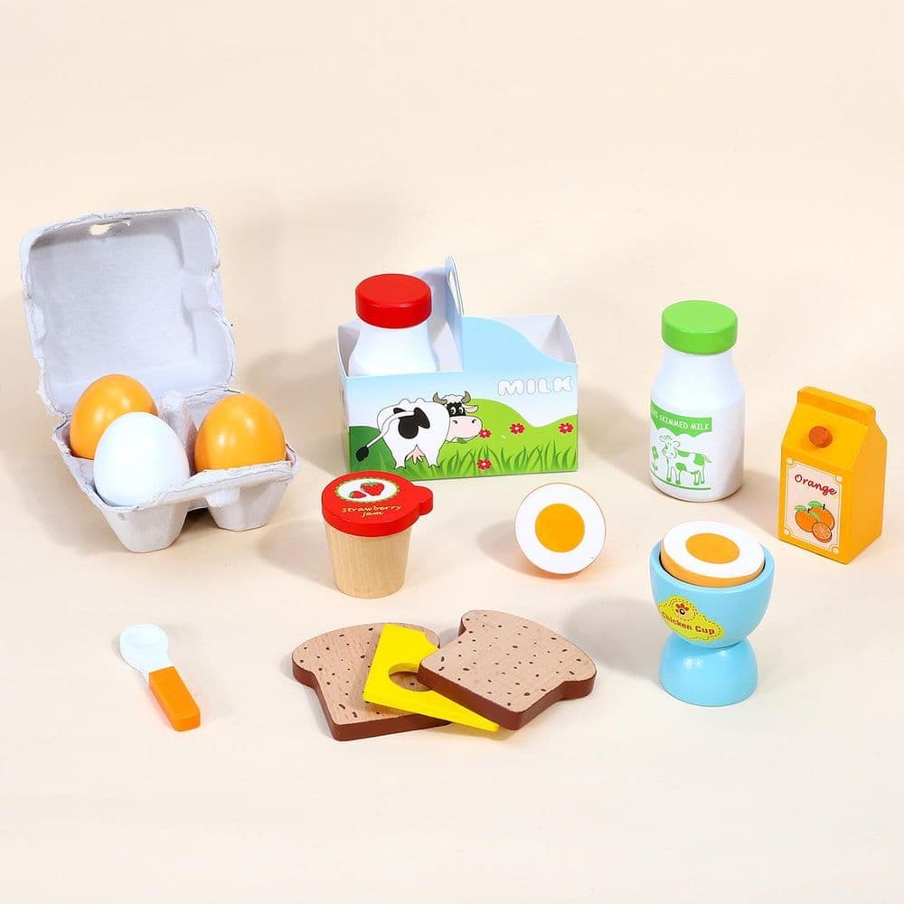 image-SOKA Wooden Breakfast Set 19 PCS Pretend Play Toys Toast Eggs Milk for Kids 3+