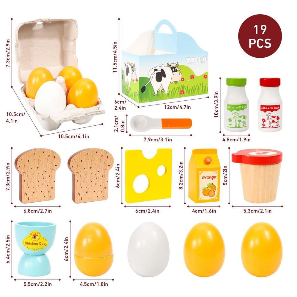image-SOKA Wooden Breakfast Set 19 PCS Pretend Play Toys Toast Eggs Milk for Kids 3+