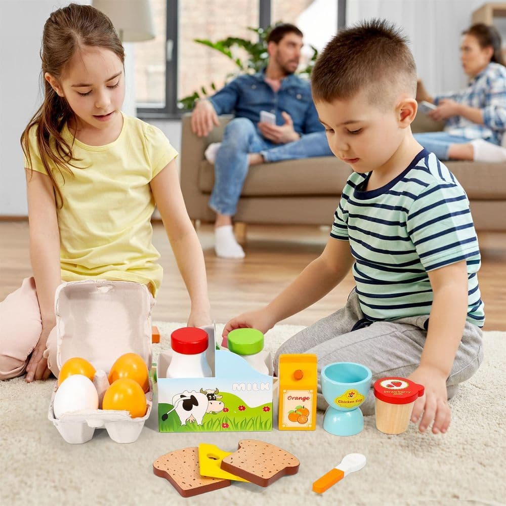 image-SOKA Wooden Breakfast Set 19 PCS Pretend Play Toys Toast Eggs Milk for Kids 3+
