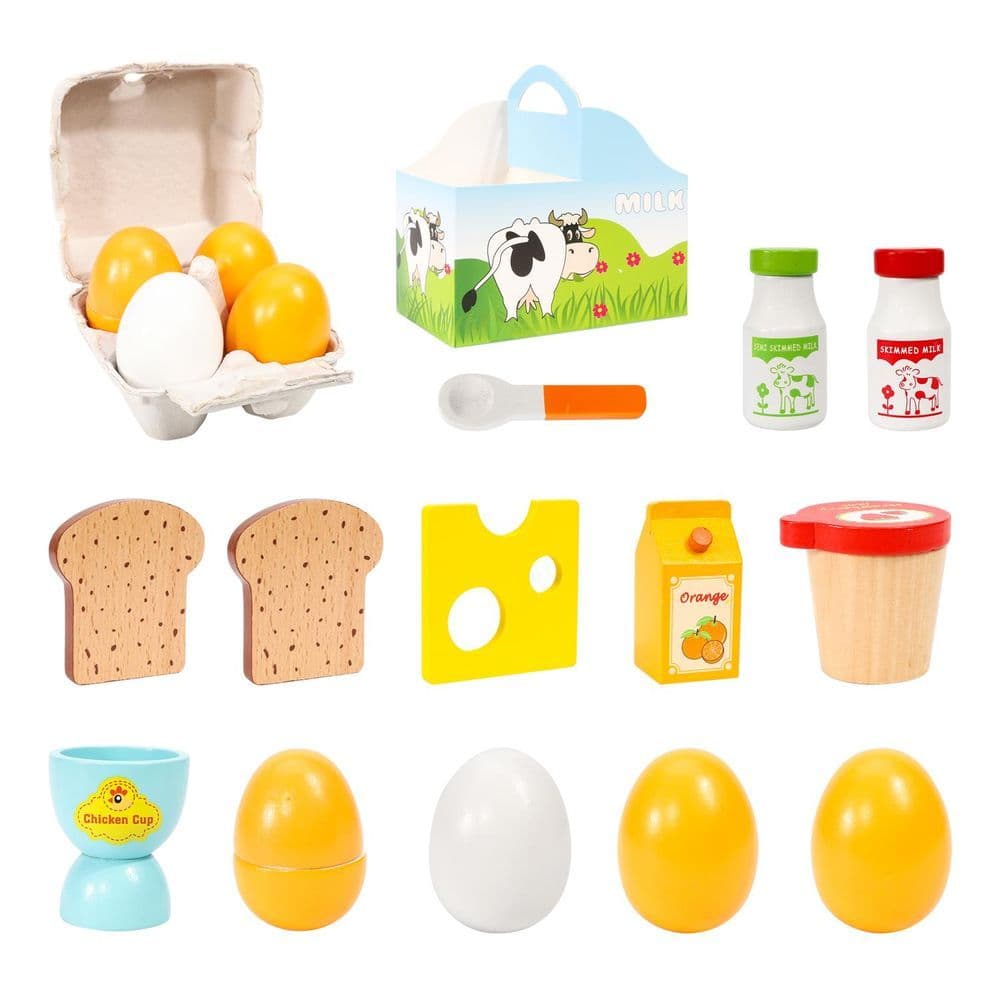 image-SOKA Wooden Breakfast Set 19 PCS Pretend Play Toys Toast Eggs Milk for Kids 3+