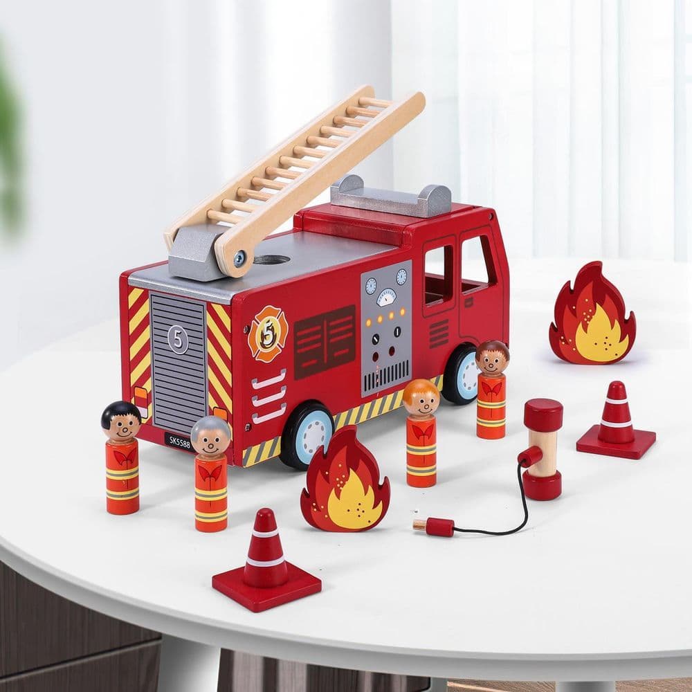 image-SOKA Wooden Fire Engine Truck with Firefighter Figurines Vehicle Toy for Kids 3+