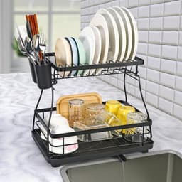 image-Black 2-Tier Detachable Dish Rack Modern with Auto Drainage System