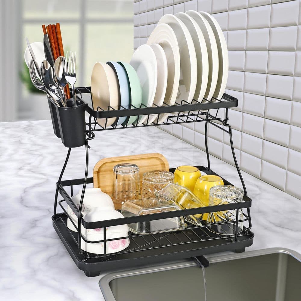 image-Black 2-Tier Detachable Dish Rack Modern with Auto Drainage System