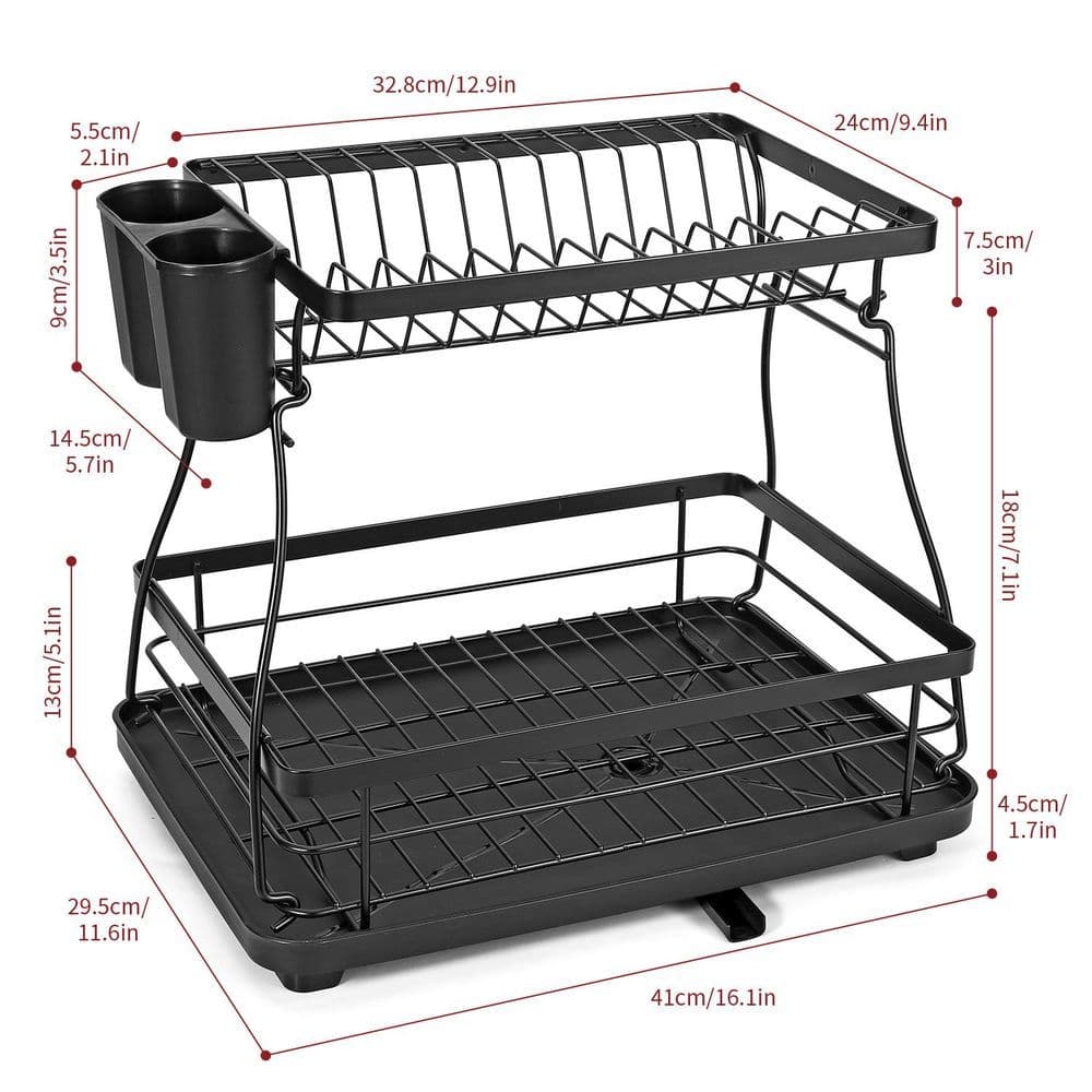 image-Black 2-Tier Detachable Dish Rack Modern with Auto Drainage System