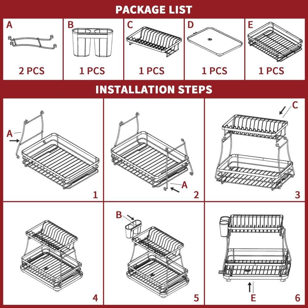 image-Black 2-Tier Detachable Dish Rack Modern with Auto Drainage System