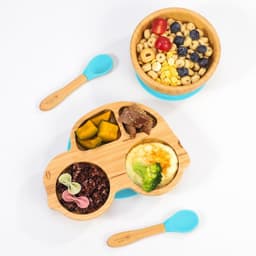 image-Bamboo Car Plate Bowl & Spoon Set Suction Bowl Stay-Put Design for Kids