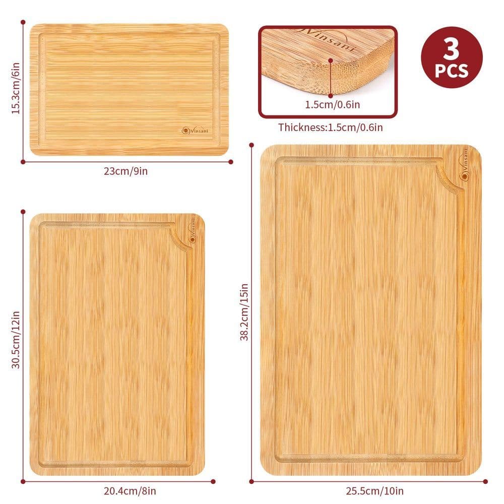 image-Bamboo Chopping Board Set of 3 100% Natural Wooden Kitchen Cutting Board