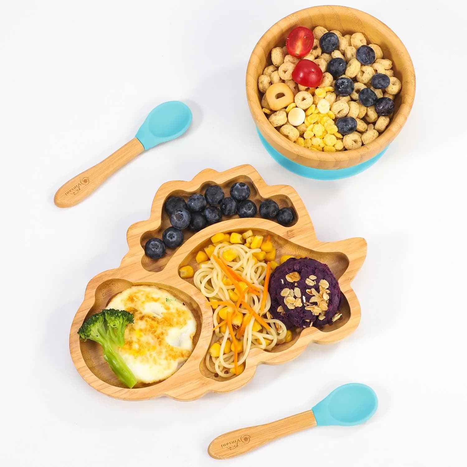 image-Bamboo Dinosaur Plate Bowl & Spoon Set Suction Bowl Stay-Put Design