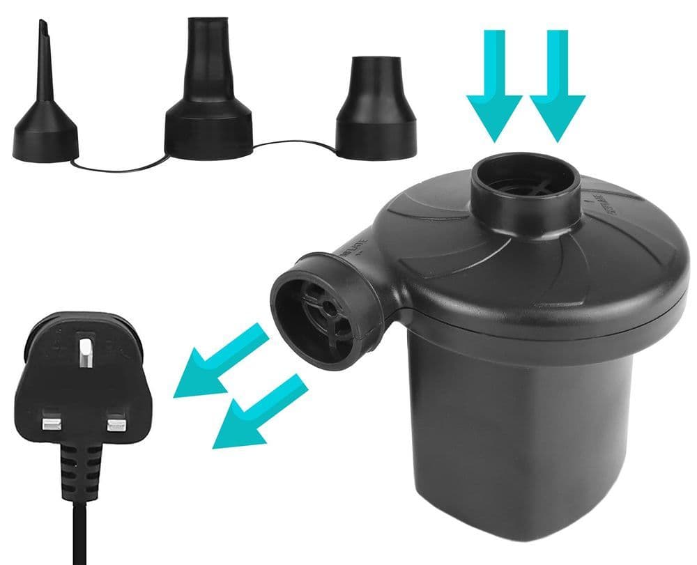 image-Electric Air Pump for Air Bed Mattress Inflatables Paddling Pool Beach Toys Inflator Deflator 3 Nozzles