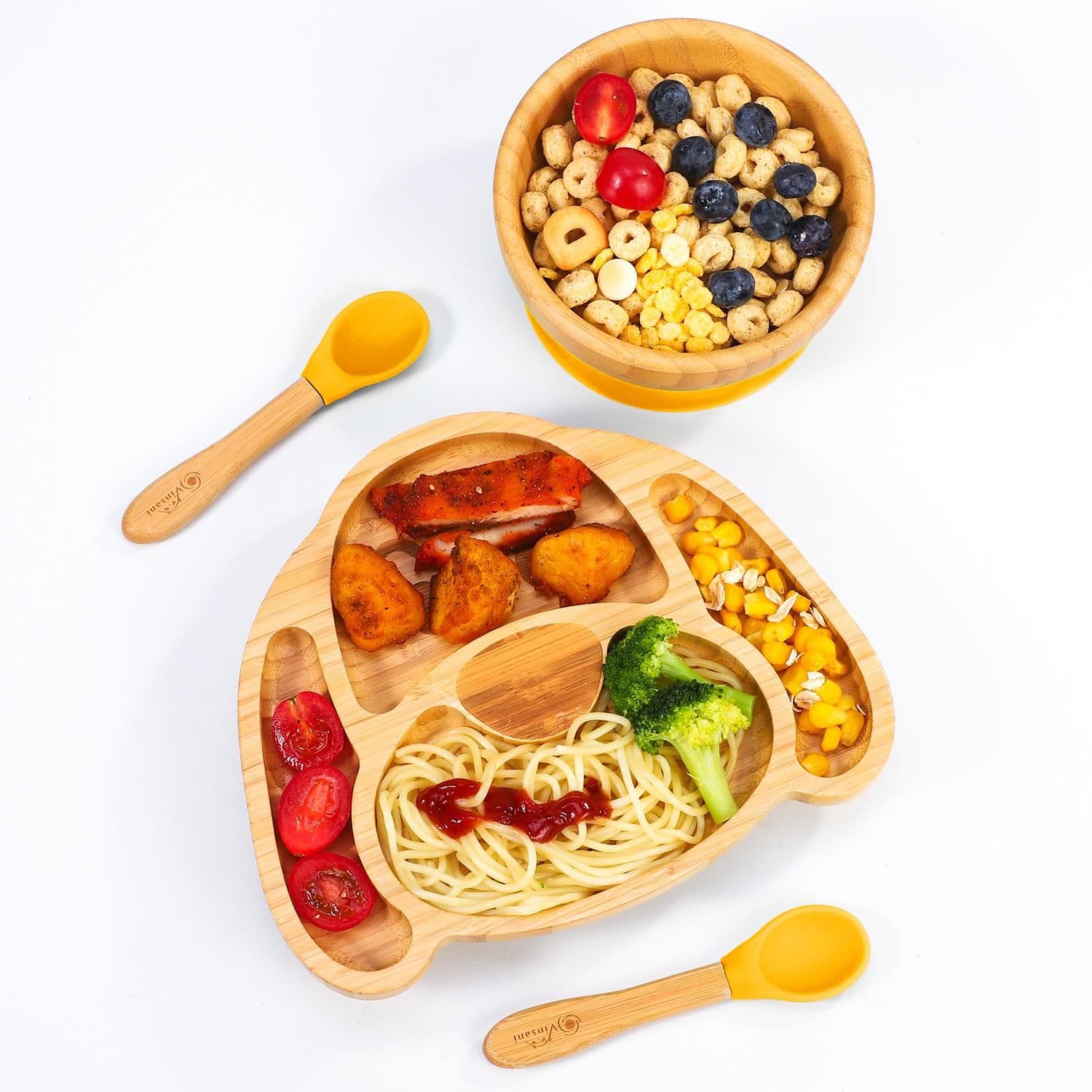 image-Bamboo Dog Plate Bowl & Spoon Set Suction Bowl Stay-Put Design