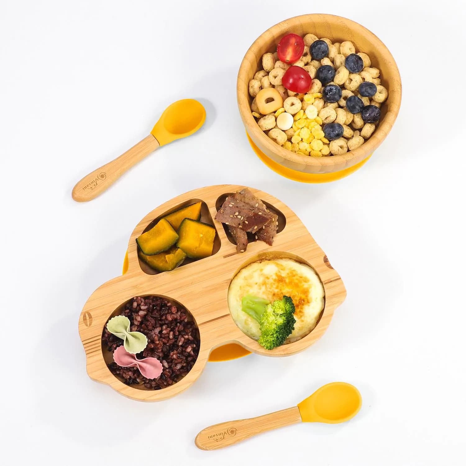 image-Bamboo Car Plate Bowl & Spoon Set Suction Bowl Stay-Put Design for Kids