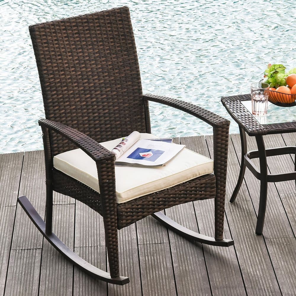 image-Rattan Rocking Chair W/ Cushion-Brown/Beige