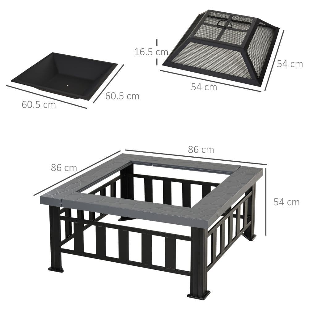 image-Outsunny Fire Pit, Square Shape, W/Waterproof Cover-Black/Grey