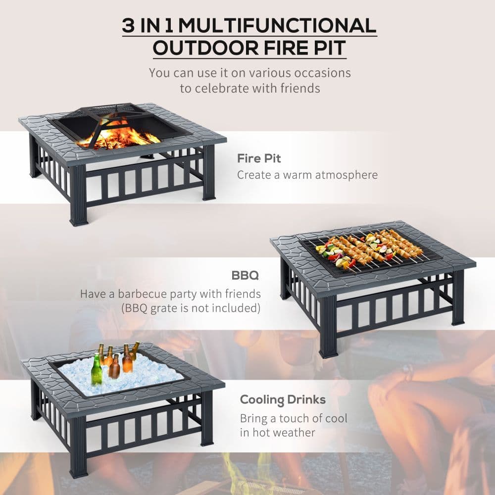image-Outsunny Fire Pit, Square Shape, W/Waterproof Cover-Black/Grey